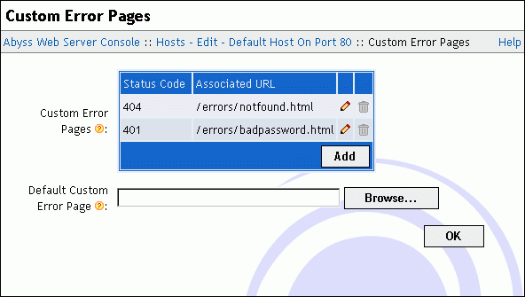 Custom Error Pages dialog