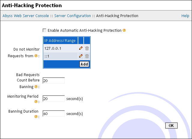 Anti-Hacking Protection dialog