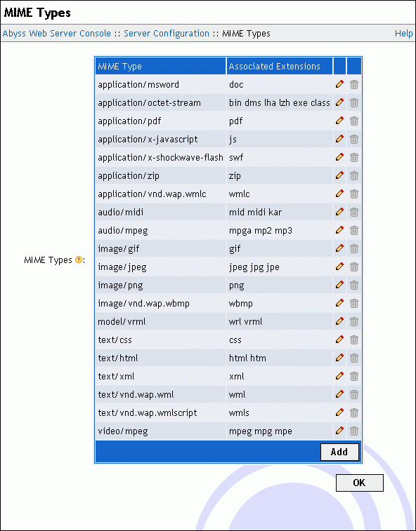 MIME Types dialog