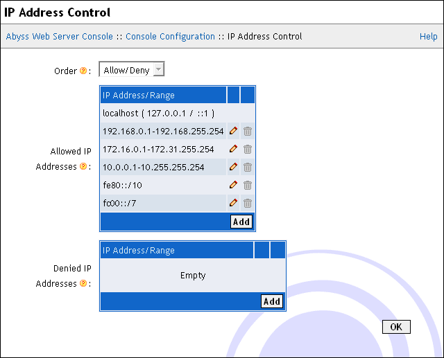 Console IP Address Control dialog