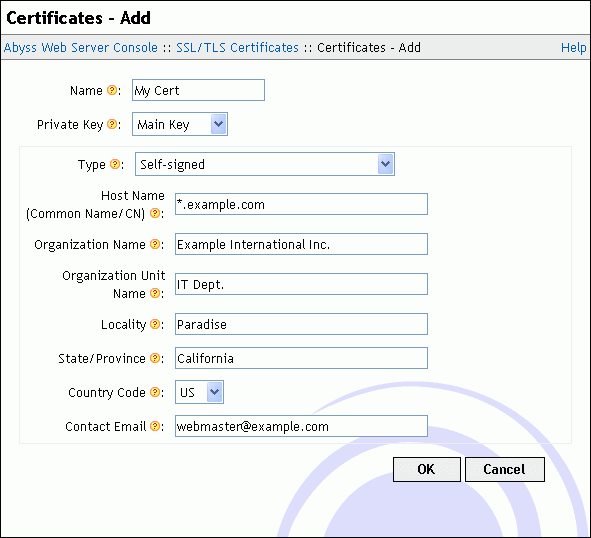 Self-signed certificate creation dialog